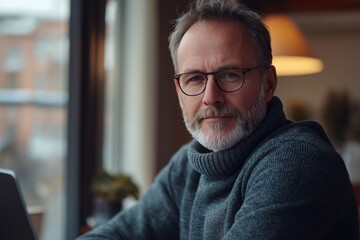 Obraz premium Retro Sophistication. Elderly Businessman in Cozy Home Office with Thoughtful Hipster Style and Relaxed Smile
