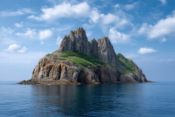 Rocky island with craggy peaks rises from the sea under a blue sky dotted with fluffy clouds