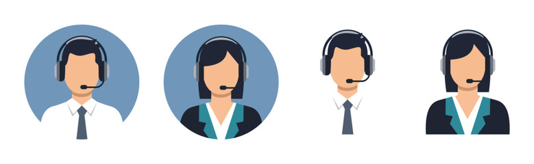Call center. Help, Support and Contact. Customer Service Icon. Male and female call center working in headphones. Customer service character, costumer service with circle background.