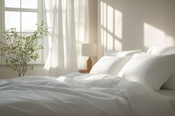 Minimalist Bedroom Interior Design with Natural Light and White Bed Linen - Cozy and Relaxing Home Decor with Sunny Shadows