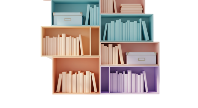 Colorful abstract bookshelf arrangement with stacked books and boxes against a transparent background. Featuring pastel hues creating a visually organized and aesthetic display.