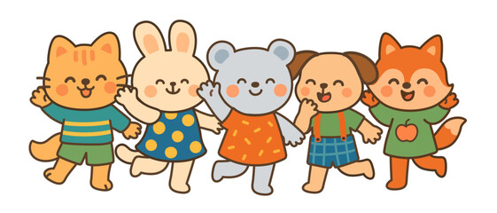 Group of cute animal kids for friends and back to school concept. Vector illustration.