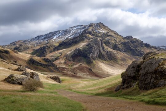 Rugged mosscovered mountain dominates the landscape with a narrow trail leading into a grassy valley under a cloudy sky