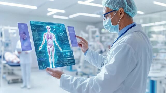 Advanced Healthcare Technology: A medical professional in a modern, sterile operating room interacts with an advanced holographic display, showcasing a detailed human body rendering.