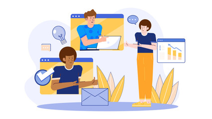 Conceptual image of team brainstorming and analyzing data during virtual meetings. Suitable for online collaboration, business presentations, teamwork concepts.