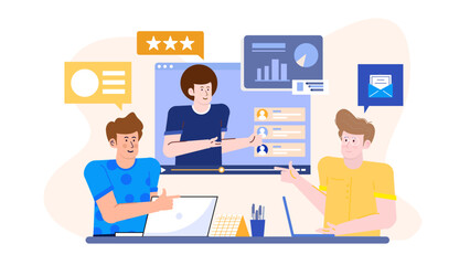 Obraz premium Two men viewing computer screen with positive reviews. Suitable for showcasing successful business partnership, digital marketing, or teamwork themes.