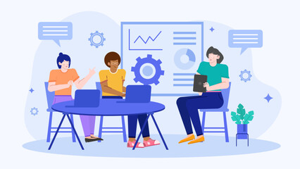 Three people working together at a desk in an office. Collaboration, teamwork, business professionals, office environment, group project concept.