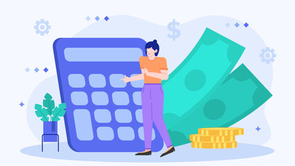 Woman pointing at a calculator near money, perfect for financial literacy, budgeting tips, accounting concepts, currency exchange, and tax preparation visuals.