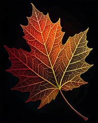 Fototapeta premium Abstract close-up of a multi-colored autumn leaf with intricate vein patterns on a matte dark background – detailed seasonal nature wallpaper perfect for digital devices, phone or laptop backgrounds, 