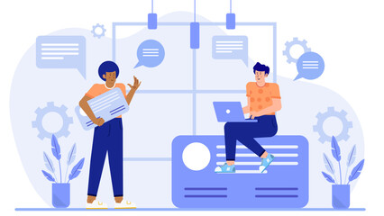 Two people in discussion over an identification card. Perfect for illustrating office scenarios, identification processes, and security concepts.