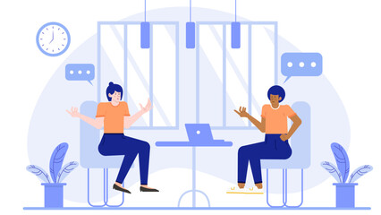 Two people discussing in an office setting, suitable for communication and teamwork concepts in business presentations, websites, or articles.