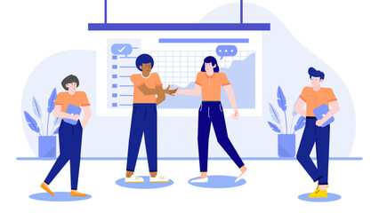 Four people collaborating and working together in a modern office environment, suitable for business teamwork and corporate concepts.