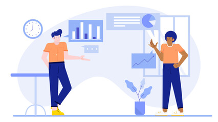 Two people discussing graphs and charts in a meeting room. Perfect for business presentations, analytics articles, financial reports, and marketing materials.