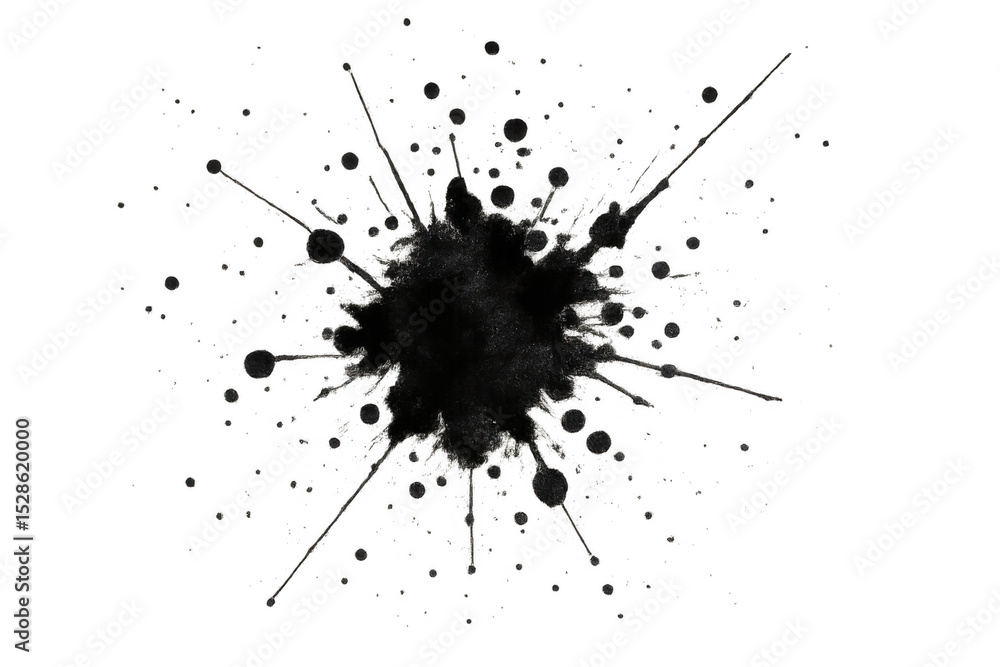 Poster large drop of black ink splashing on a transparent background, creating a dynamic and artistic effec