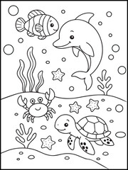 Fototapeta premium Cute Sea Turtle Coloring Page for Kids – Printable Black and White Underwater Line Art with Fish, Starfish, and Ocean Scene 