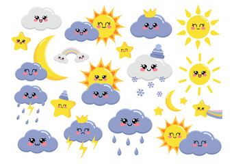 Vector collection, set of kawaii weather. Cute cloud, sun, moon, rainbow, rain, snow, clouds and stars isolated on white background