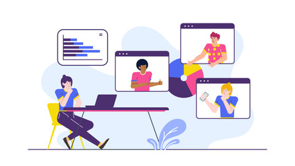 Woman engaging in a video call with three participants, suitable for remote work, virtual meetings, online communication concepts.