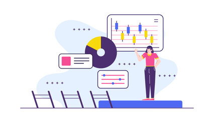 Simple illustrative woman presenting for business concepts. Suitable for infographics, presentations, websites, and educational materials focused on entrepreneurship and leadership.