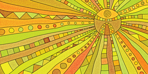 Stylized sun, summer sunlight, sun rays, vector drawing