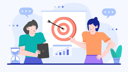 two women as a team brainstorming to reach the business target