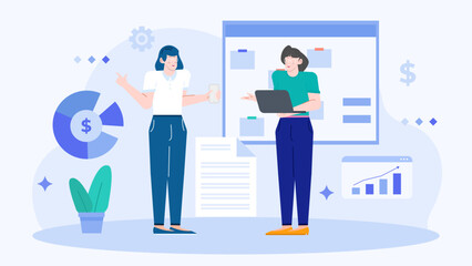 Two women discussing business in an office meeting. Suitable for corporate presentations, marketing materials, diversity and teamwork concepts.