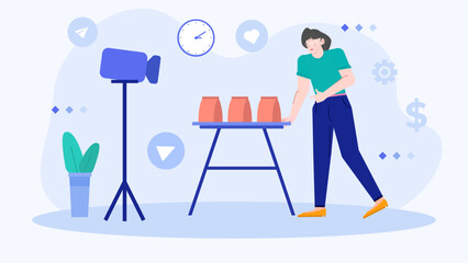 Woman arranging products on table for live video. Perfect for social media, ecommerce, digital marketing, online events, and blogging.