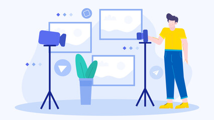 Man adjusting camera for video recording. Suitable for tutorials, vlogging, online courses, and videography content creation projects.