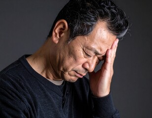 Fototapeta premium Middle-aged man pressing his forehead in pain from stress ストレスで額を押さえる中年男性