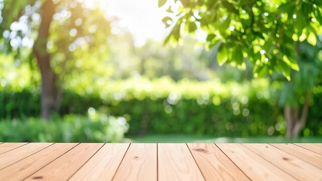 Wood table surface against blurry green garden background with sunlight