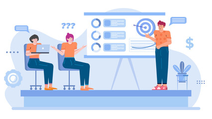 Business presentation featuring a man pointing at a target. Ideal for marketing, sales, goals, strategy, achievement themes in presentations.