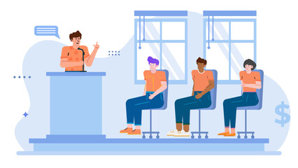 Man giving presentation to three people. Suitable for business concepts, team meetings, office discussions, corporate presentations, and leadership training.