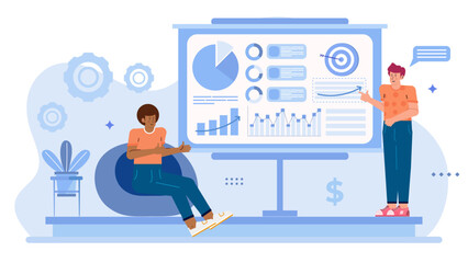 Two people discussing graphs and charts on a whiteboard. Suitable for presentation, corporate meeting, teamwork, data analysis concepts.