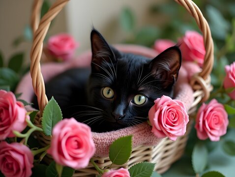 A black cat lounging in a decorative basket surrounded