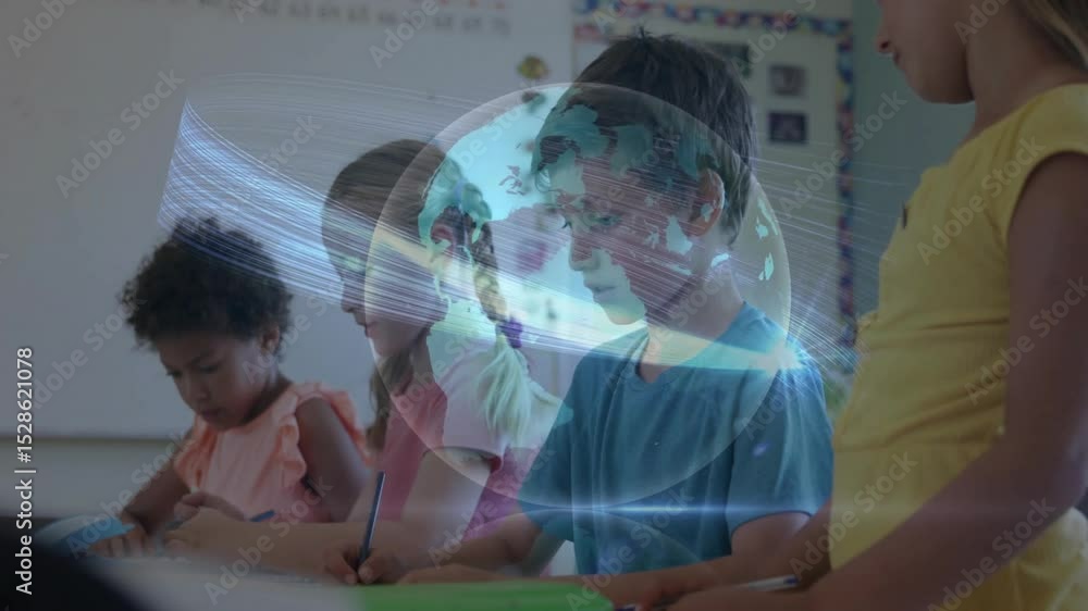 Poster four students writing in classroom and activating holographic globe sending glowing network lines
