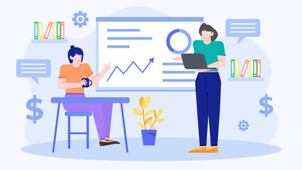 Two women discussing business in an office. Suitable for business meetings, team collaboration, female entrepreneurs, networking events, workplace diversity.