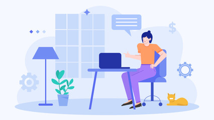 Woman and cat in cozy home office setting; suitable for lifestyle blogs, pet care articles, and work from home stock photos.