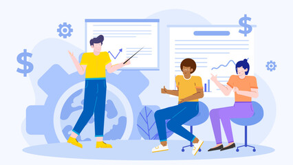 Three people confidently presenting a business plan in a modern office setting. Suitable for business presentations, teamwork concepts, and corporate themes.