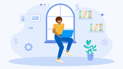 Man working on laptop in window, perfect for illustrating modern technology, remote work, freelancing, internet usage, and urban lifestyle.