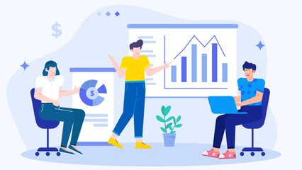 Three people discussing financial charts in an office setting. Suitable for financial presentations, business websites, or marketing materials.