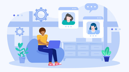 Man video chats with two people on his laptop. Suitable for technology, communication, remote work, and online meetings concepts.