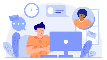 Man with blue hair on a computer call with a person, suitable for tech blogs, online communication articles, virtual meetings visuals.