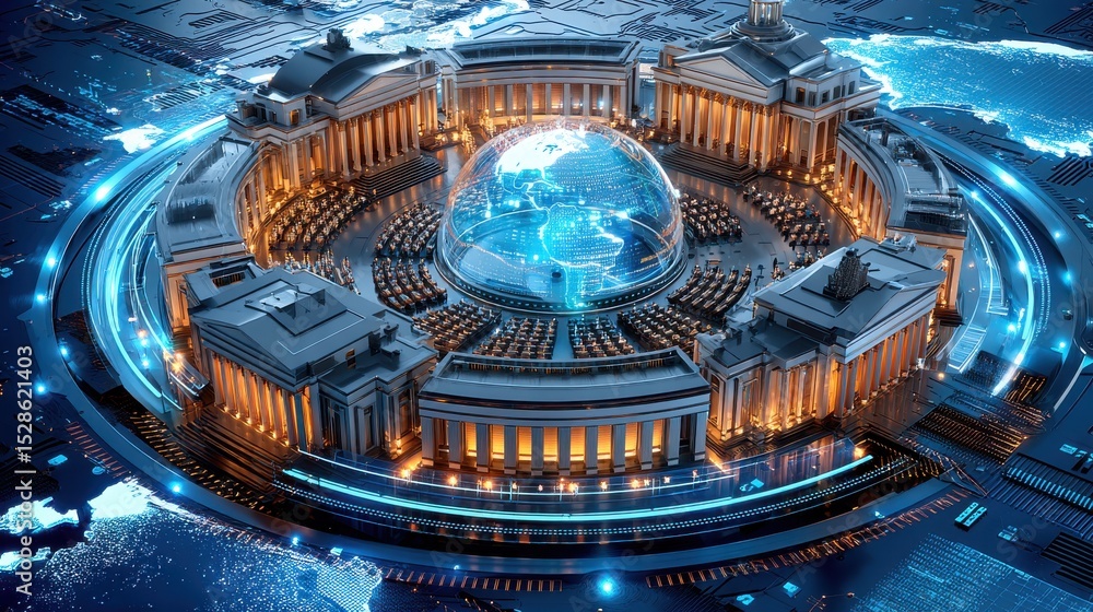 Poster imagining a futuristic city like structure with advanced technology global connectivity and innovati