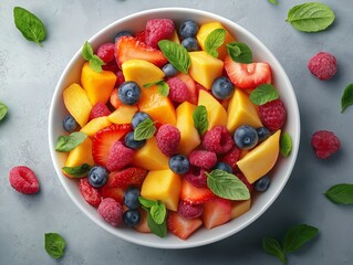 Colorful Fruit Salad Bowl. Fresh Berries, Mango & Cantaloupe Healthy Summer Snack & Dessert