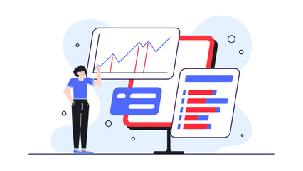 Ideal for finance, technology, education presentations. Woman showcasing data on a digital screen. Suitable for business, corporate, virtual meetings.