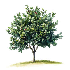 A American Holly Tree, watercolor clipart vector, high quality, isolated on a white background.