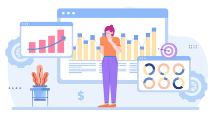 Person in front of a computer screen with dynamic graphs and charts, suitable for business presentations, financial reports, or data analysis concepts.