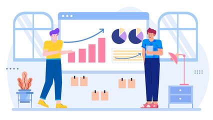 Two men present charts and graphs in an office. Suitable for business presentations, financial reports, teamwork concepts, corporate meetings.