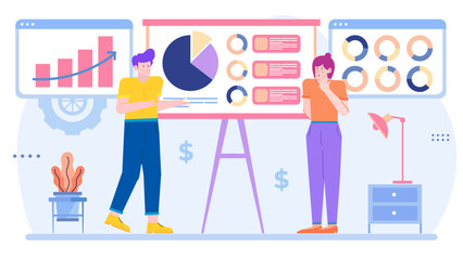 Two people analyzing data on a whiteboard, perfect for business presentations, financial reports, or team strategy meetings.