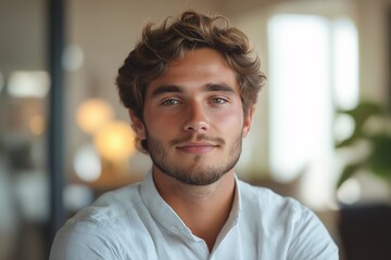 Obraz premium Confident Young Man in Casual Attire. Modern Interior Portrait with Natural Light and Positive Vibes