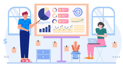 Two people presenting graphs and a pie chart. Suitable for business, financial presentations, data analysis, teamwork, and corporate reports.